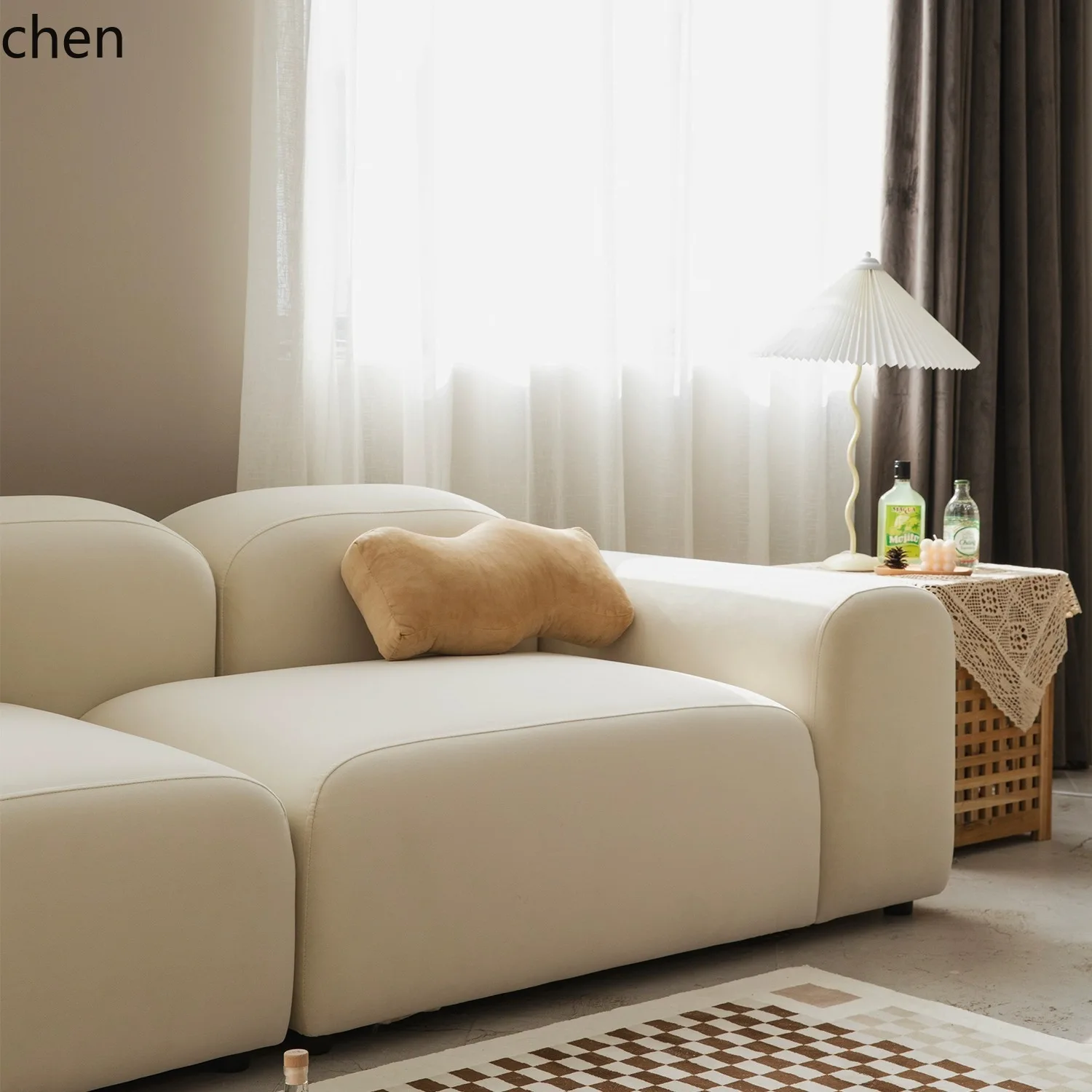 HTT كريم الرياح التوفو كتلة وحدة أريكة غرفة المعيشة شقة صغيرة بسيطة وابي ساندي الرياح السرير والإفطار نسيج مزدوج #5