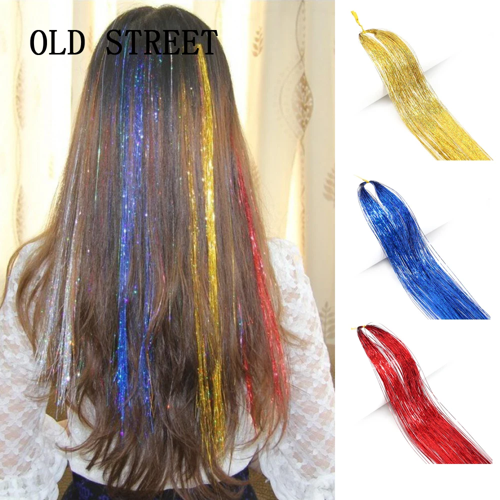 Sparkle Hair Tinsel Rainbow Colored Synthetic False Hair Extensions Decor Glitter Strips 120 Strands For Girls Headwear Hairbing