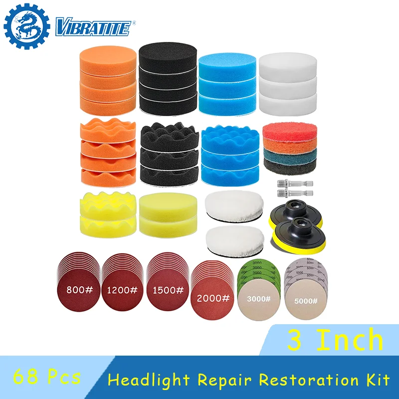 3 Inch Headlight Repair Restoration Kit 68 Pcs Hook and Loop Auto Waxing Sponge Sanding Pad Sandpaper for Car Detail Cleaning