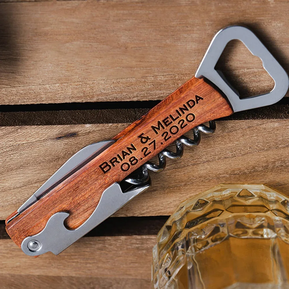 Personalised Logo Wood Handle Corkscrew Wine Opener for Wedding Gift, Custom Brand Logo Beer Bottle Opener