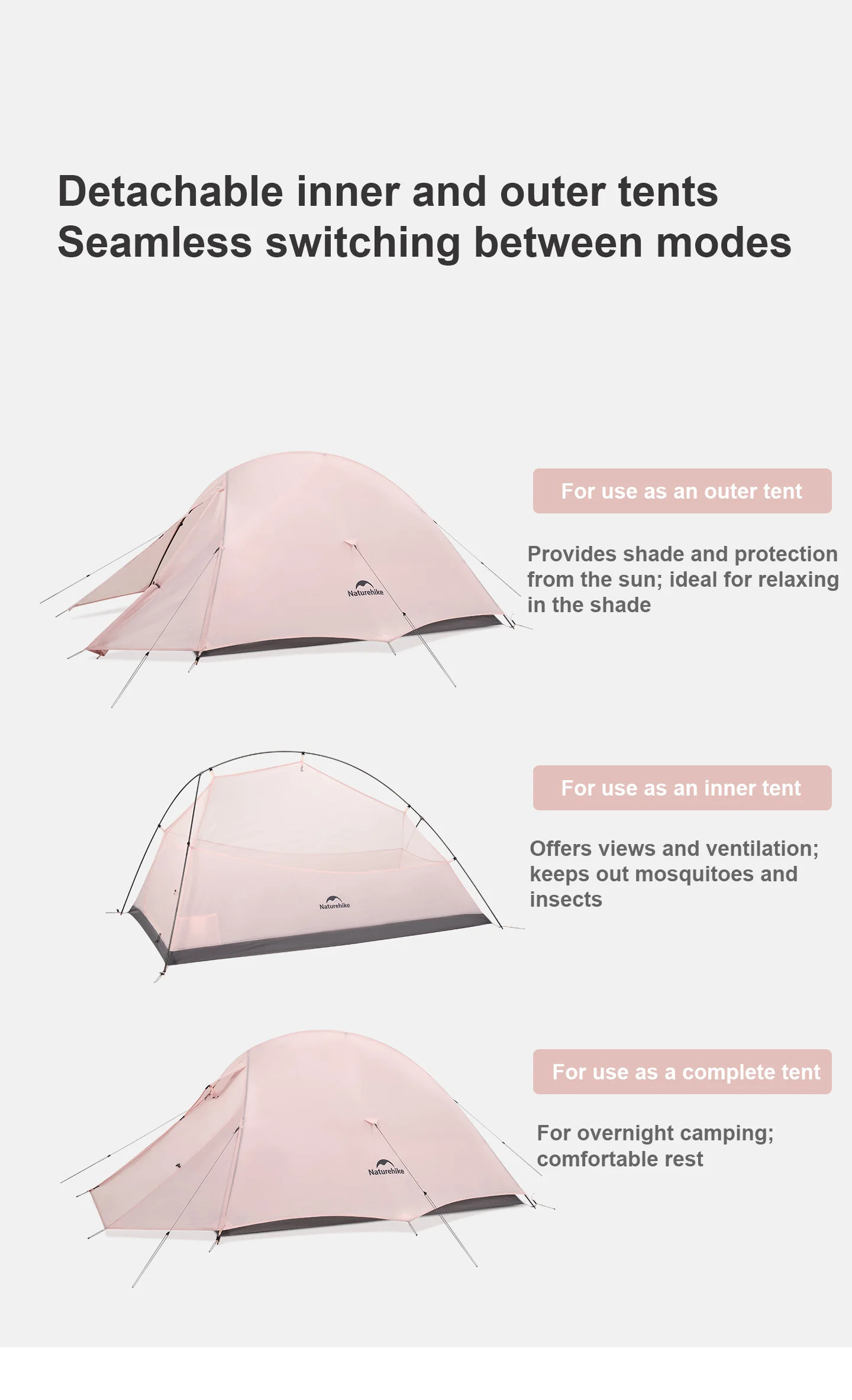 Naturehike 2026 Neues Wanderzelt Wasserdichtes Großes Vorzelt Rosa Zelt Reise 1-2 Personen Ultraleichtes Tragbares Campingzelt – Detail 9