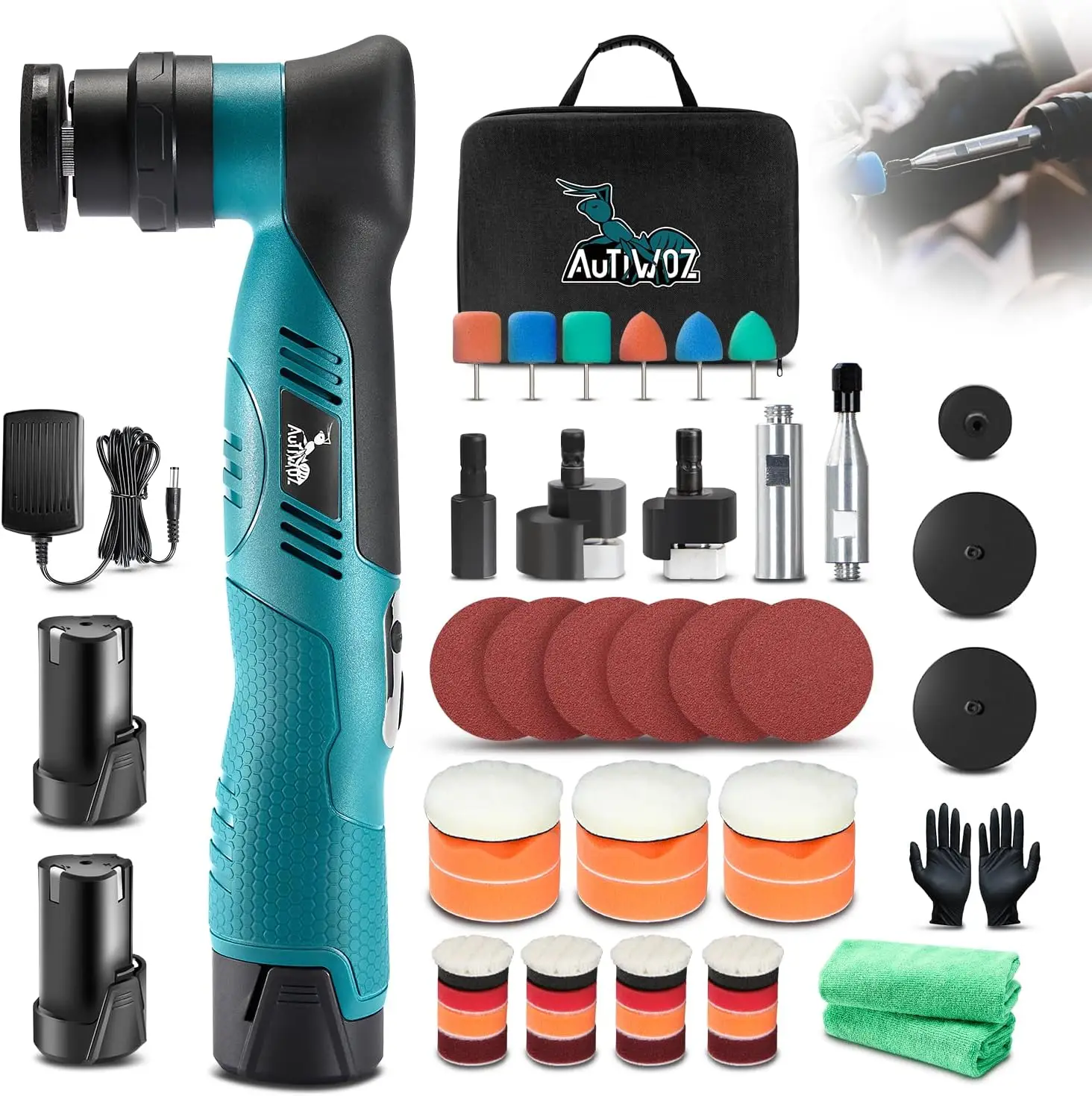 

Cordless Mini Polisher Fast Change 1/3inch 12mm and 3mm Orbital, Rotary Small Polisher for Car Detailing 6 Speeds, 2Pcs 2000mAh