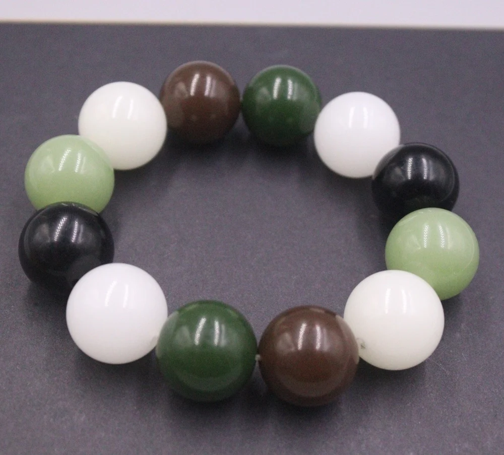 Natural Jade Men Women Lucky 18mm Colorful Many Gems Round Beaded Link Bracelet