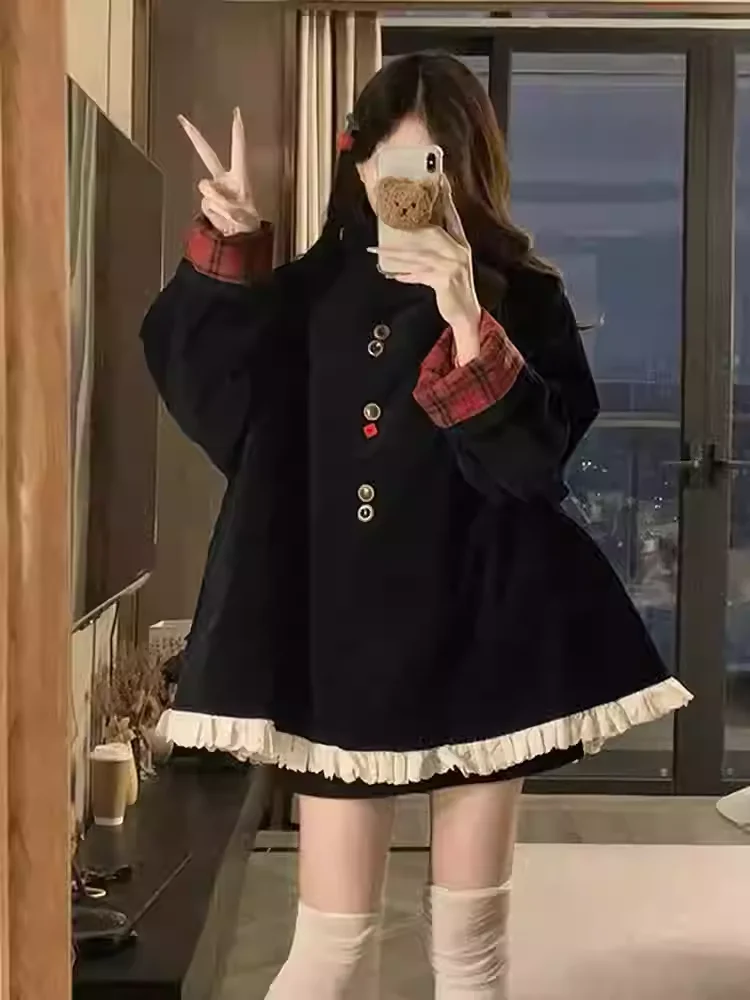 Autumn Winter Plus Size Girl on Both Sides Wear Loose Sweet Ruffles Coat Fashion Round Neck Long Sleeve Versatile A-line Jacket