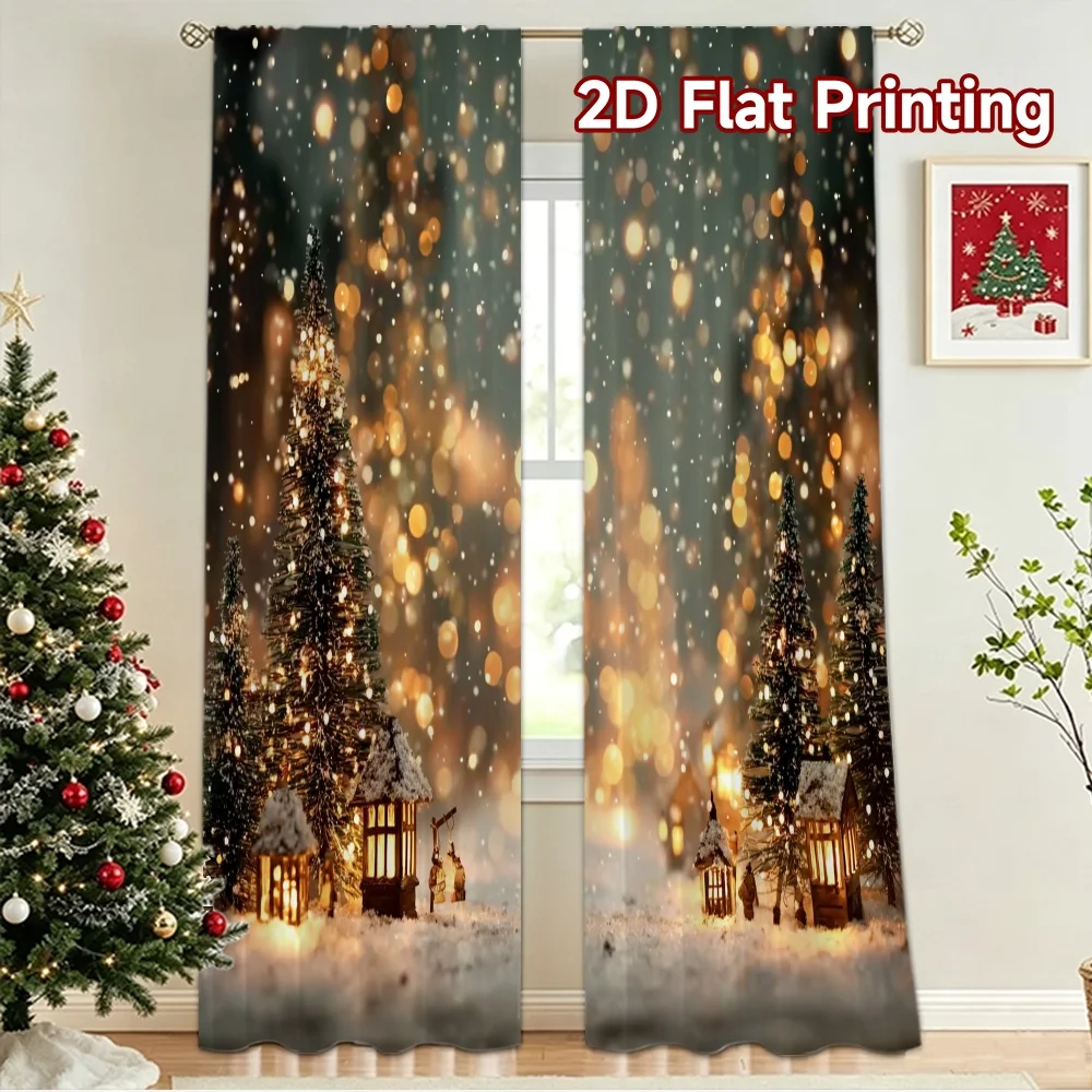 2D flat 2pcs Curtain Modern Minimalist Style Christmas Snowy Village Digitally printed polyester, colorfast Party Decorations