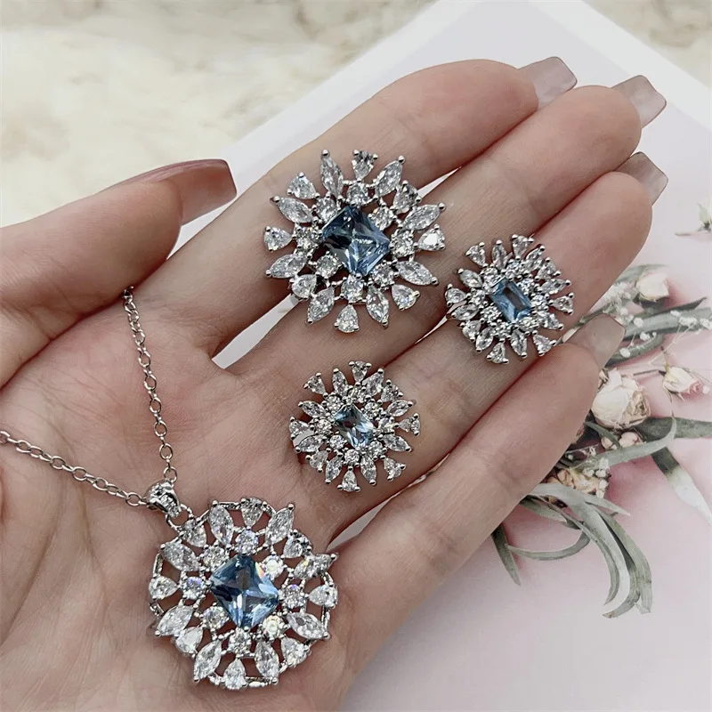 3pcs Pack Light Blue Jewelry Set For Women Engagement Flowers Ring Necklace Stud Earring For Anniversary Wedding Party Gifts