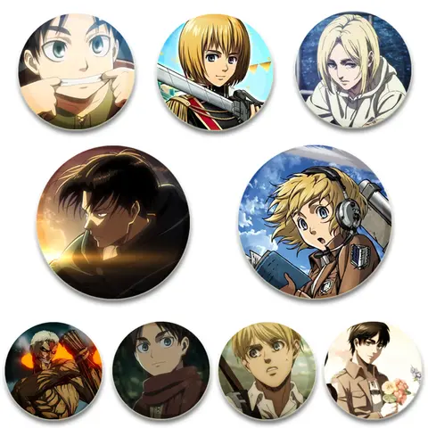 58mm 애니메이션 Tinplate 핀 캐릭터 Eren Yeager/Mikasa Ackerman/Armin Arlert 배지 배낭 의류 장식을위한 수제 브로치