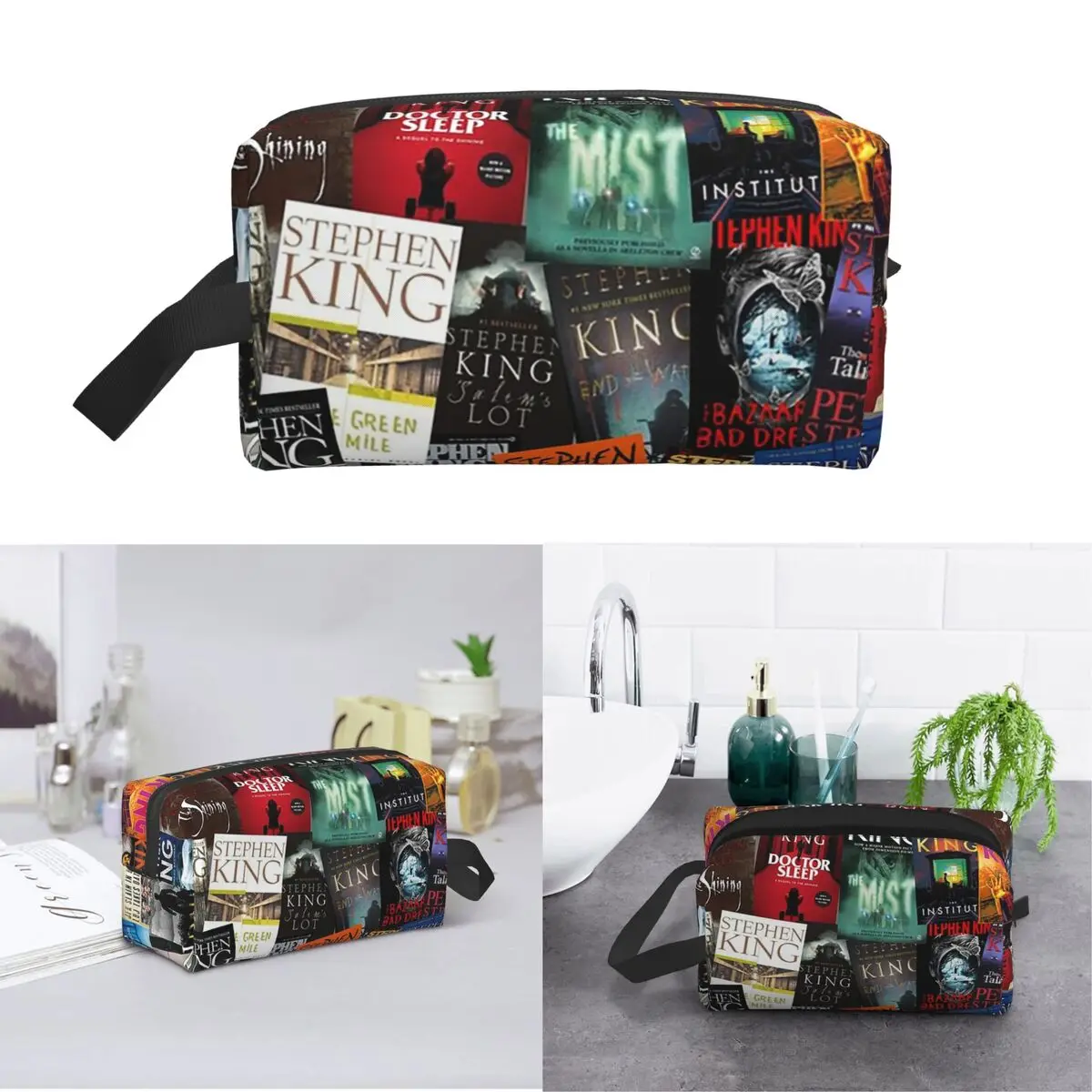 Stephen King Book Covers, Horror Bookworm Makeup Bag Cosmetic Organizer Storage Dopp Kit Toiletry Cosmetic Bag for Women Beauty