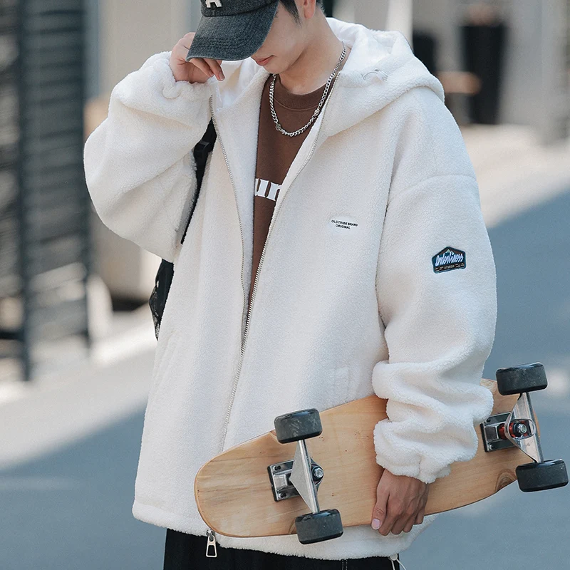 

Lamb Velvet Jaet Men's Winter New Hong Kong Sle Loose Hooded down Cotton Clothes Simple Pure Color Du down Cotton Coat