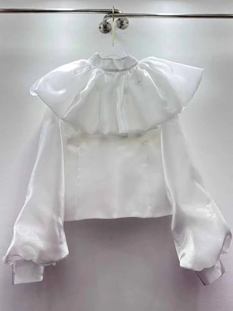 

Элегантная женская блузка свободного кроя с плиссированным воротником, однотонная, с рукавами-фонариками, пуловер, осенний топ для женщин, 2026