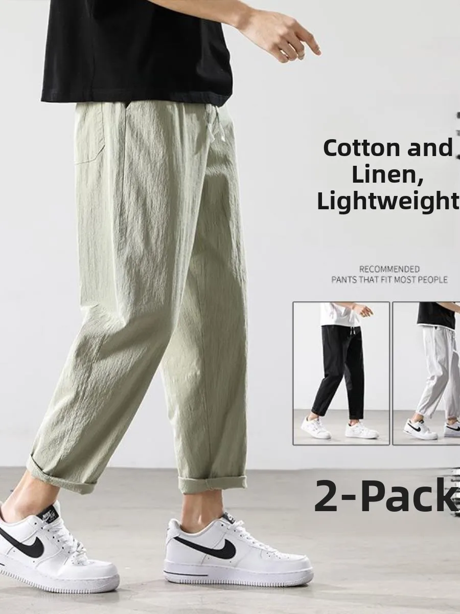 Summer Men's Thin Casual Cotton Linen Pants Loose Straight Universal Student Trendy Nine Points Loose Fit Straight Leg Trousers