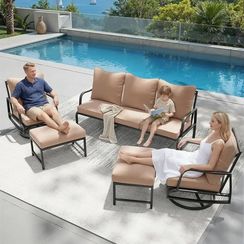 Patio urniture Set, 5 Piece Outdoor Patio urniture Set, 2 x Outdoor Swivel Chair, 1 x 3-Seats Soa and 2 x Ottoman, Metal Contion