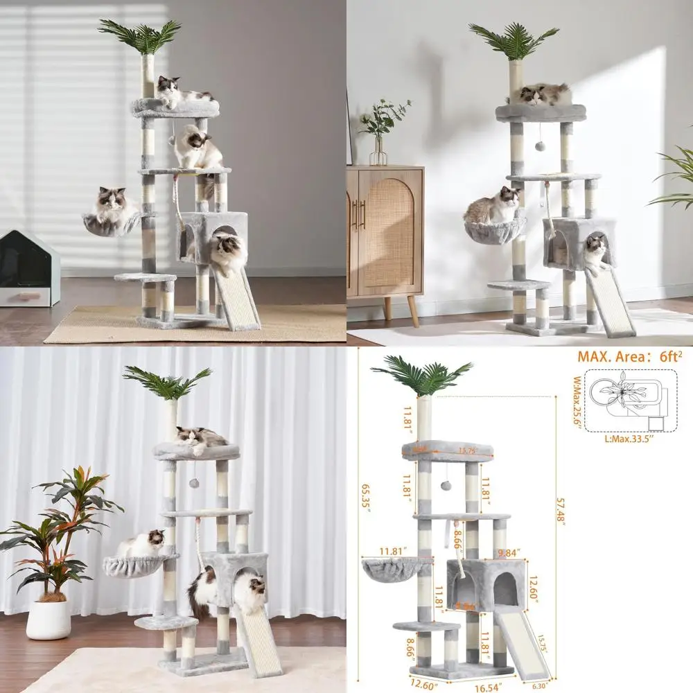 

Indoor Cat Tower, 65.4 Multi-Level Condo with Perches, Basket, Feeding Station, Scratching Posts, Light Gray