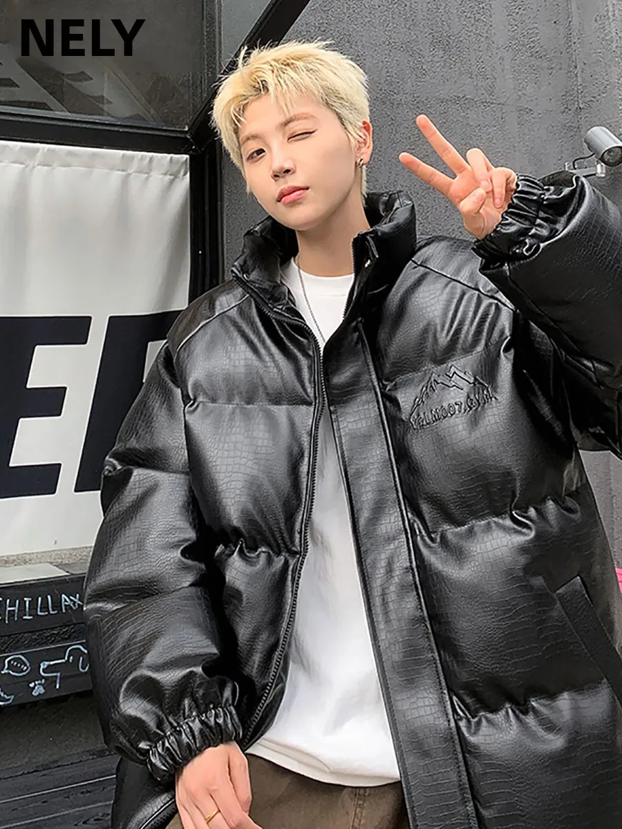 

Men's Thiened PU Leather Cotton Jaet Winter Coat with Letter Steel Stamp Loose Fit Large Size American Sle Faion Brand