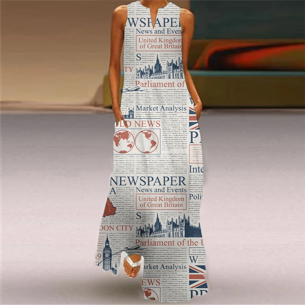 

Fashion Newspaper 3d Printed Women's Sleeveless Vest Dress Sexy New Extra Long Dress Elegant V-Neck Dresses 2024 Summer Vacation