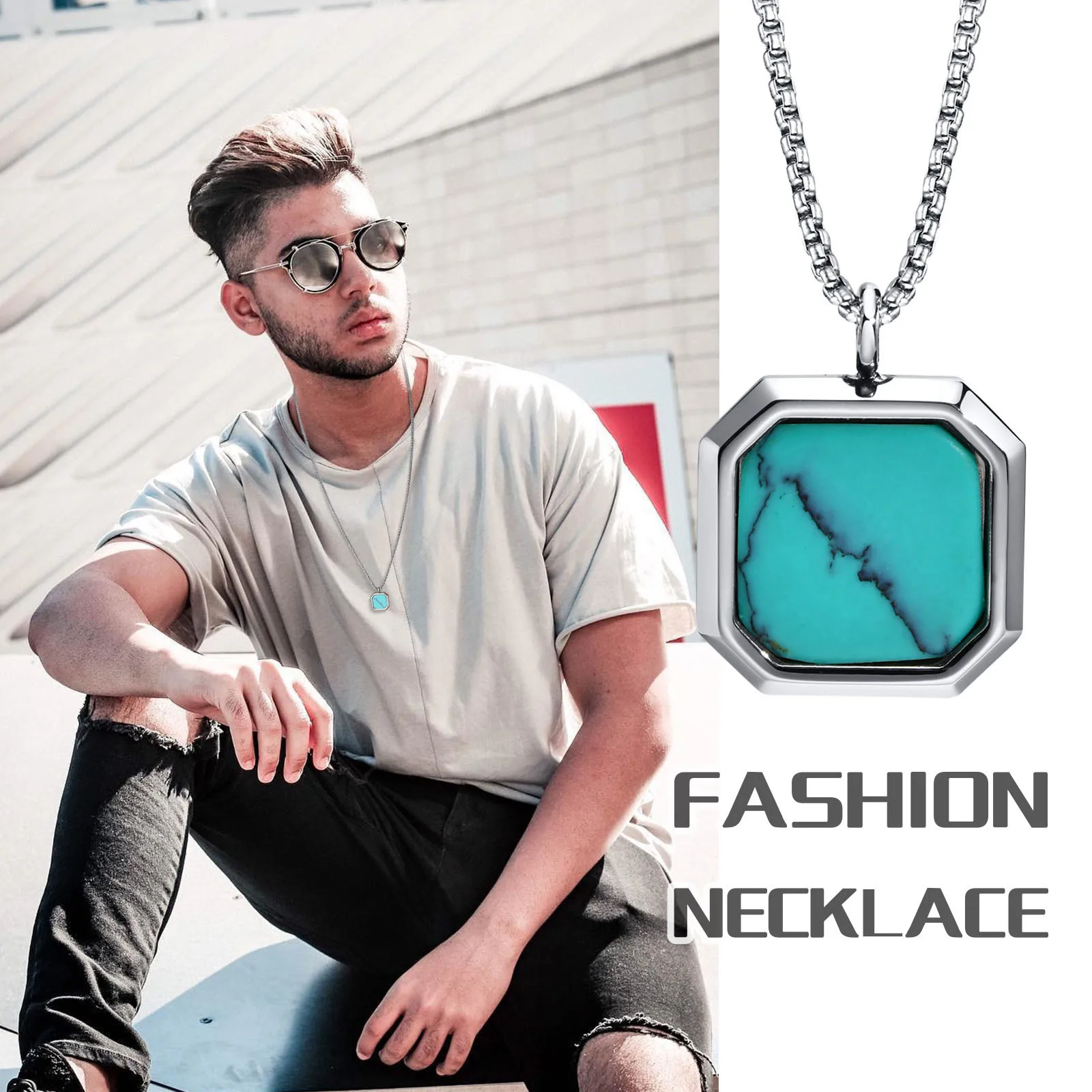 Vnox Square Natural Stone Necklaces for Men, Stylish Punk Stainless Steel Geometric Polygon Pendant Boy Male Gift Jewelry