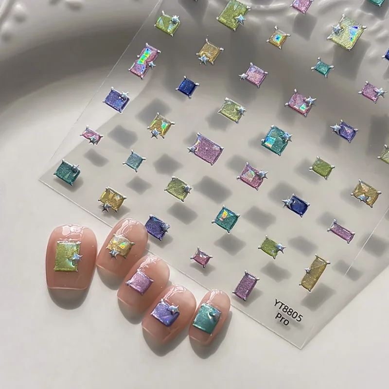 Dopamine Square Gem Nail Sticker Multicolor Rectangular Gem Small Angle Stars Self-Adhesive Nail Decals DIY Nail Art Decorations