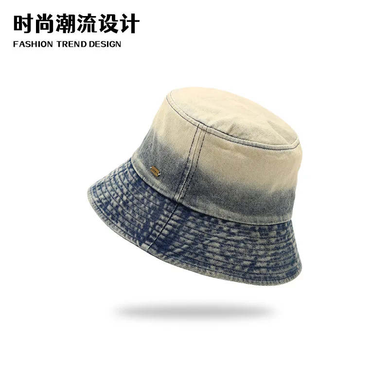 Vintage Gradient Washed Denim Wide Brim Bucket Hat For Women Spring Summer Frayed Edge Casual Sun Cap Face Flattering Chic Hat