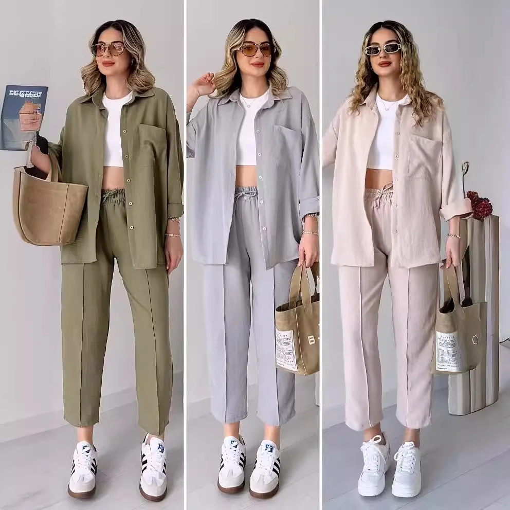 Women Pant Set Two Piece Sets Turn Down Collar Full Sleeve Shirt Wide Leg Long Pants Elastic Waist Y2k Streetwear Casual Loose