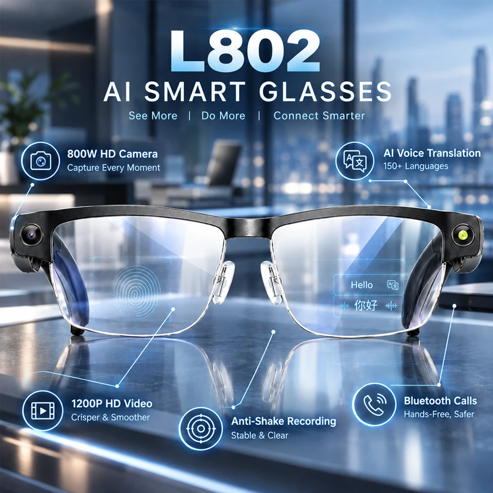 L802 New 800W Camera 1200P Anti-shake HD Video Al Smart Glasses Video Recording Bluetooth Call Voice Translation Sunglasses 2026