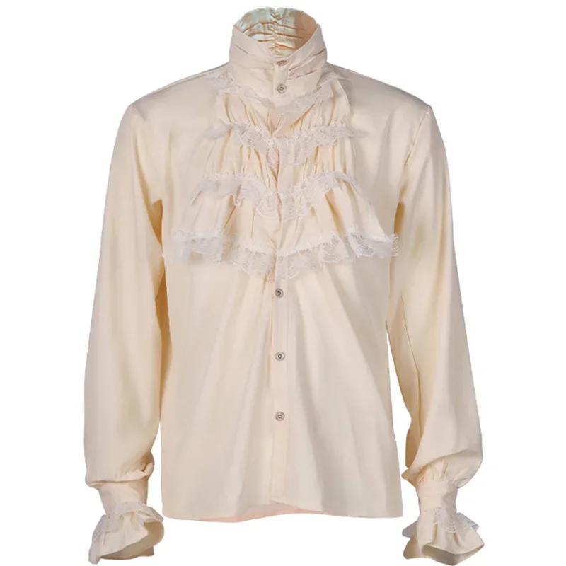 2025 New Fashion Ruffled Edge Stand Collar Long-sleeved White Gothic Shirt for Men and Women,beige Pleated Cuffs Unisex Camisa