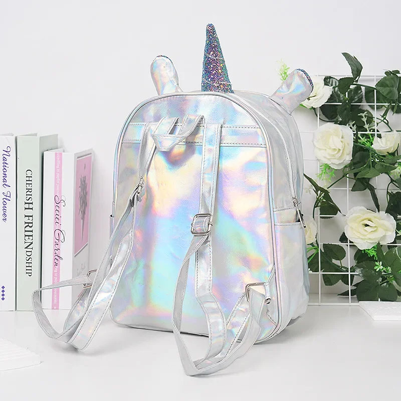 Girls and Boys Laser Unicorn Schoolbag For Women Silver Fashion Female Shiny Backpack Silver Waterproof Holographic Backpack