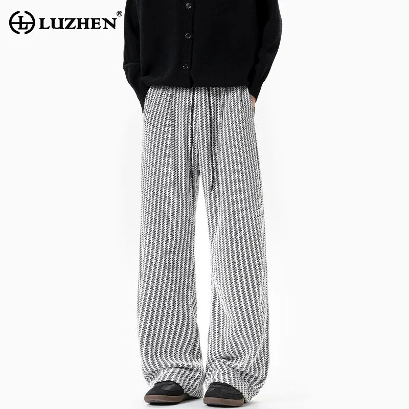 

LUZHEN Stylish Drawstring Elastic Waist Straight Trousers Men's 2025 New Stripe Printed Korean Handsome Casual Male Pants JY3690