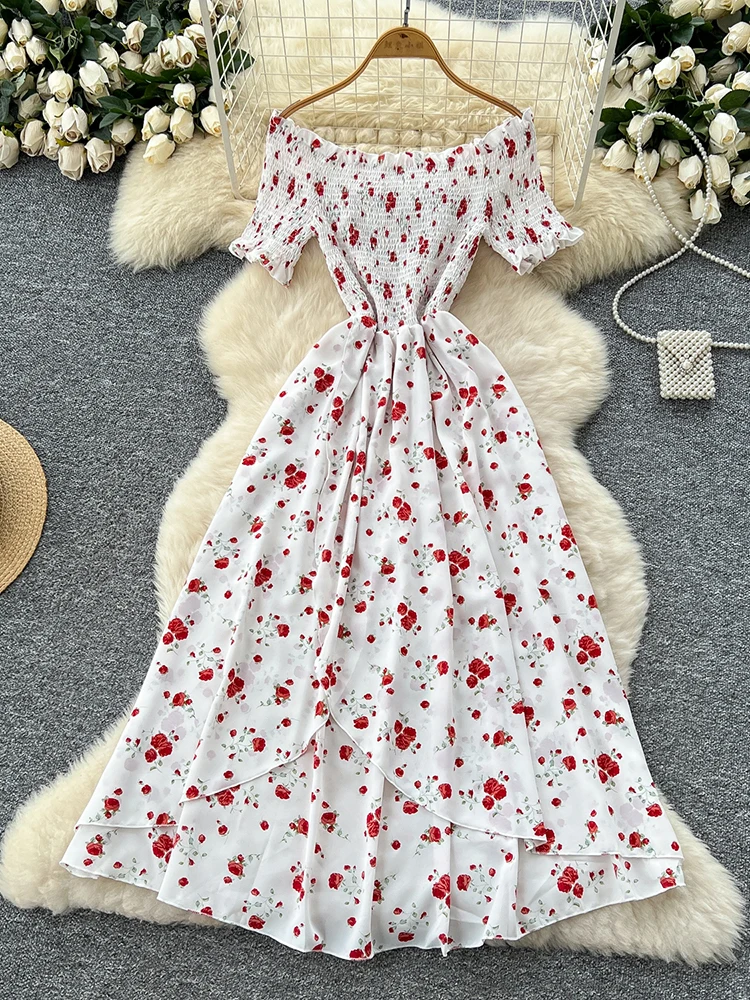 Vestidos de vacaciones en la playa para mujer, novedad de verano, estampado Floral, cuello barco, Sexy, fino, nicho, vestido con volantes irregulares, Famela A515