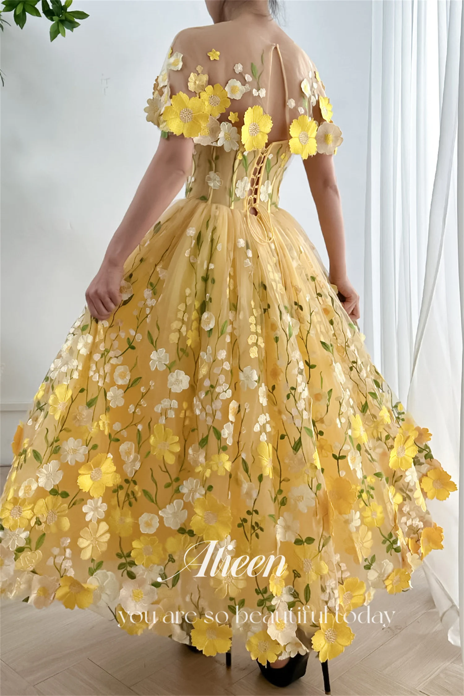 A-line Applique Embroidery Yellow Prom Gown Formal Dress Women Elegant Party Vintage Dresses Woman Ball customized Gowns Evening