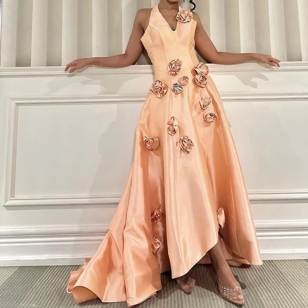 

Customized Elegant Flowers Satin Court Train Evening Dress Fashion Halter Sleeveless A-Line Floor Length Special Occasion Gowns