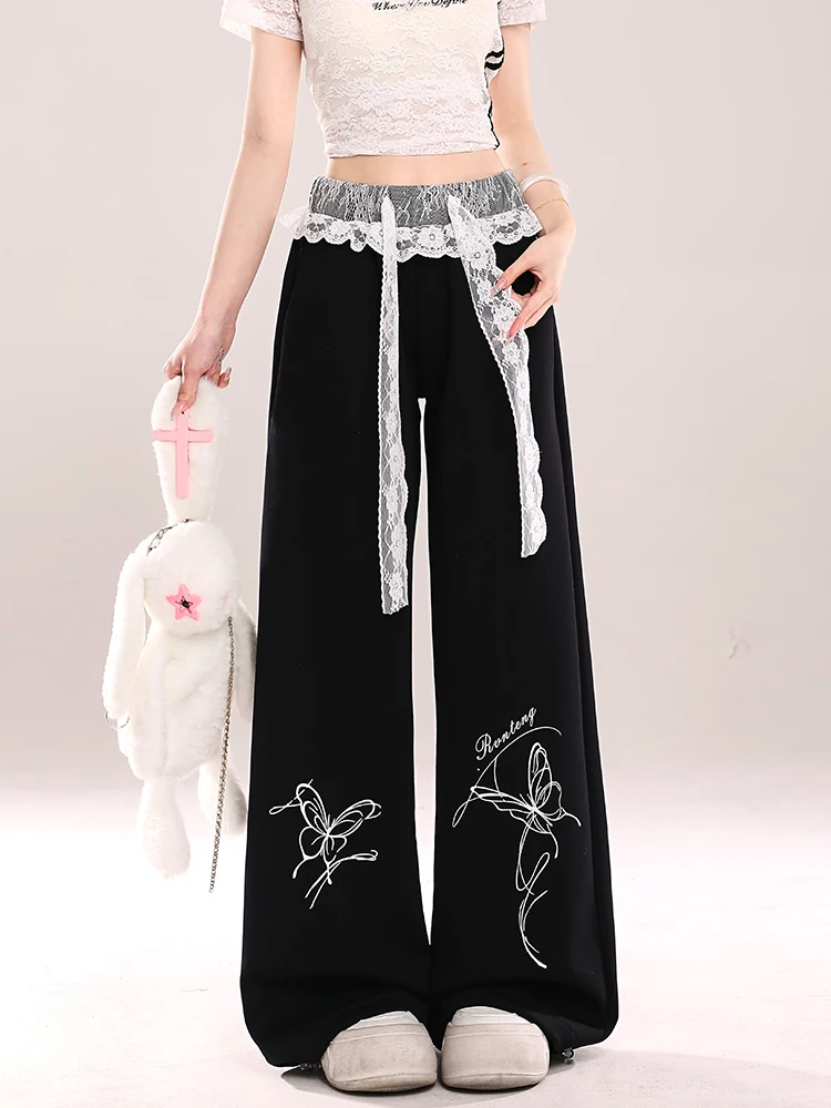 

High Waist Lace Patchwork Loose Straight Leg Casual Pants Women Summer New Lazy Sle Drapey Loose Fit Sports Trousers