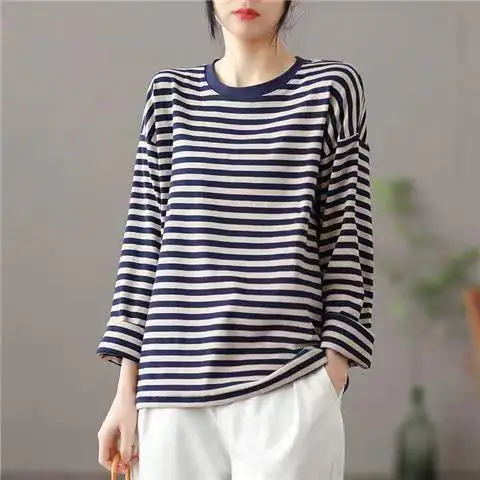 Cotton Striped T-shirt Women\'s Long Sleeved Top Loose Thin Small Shirt Versatile High-end T-shirt Base Shirt