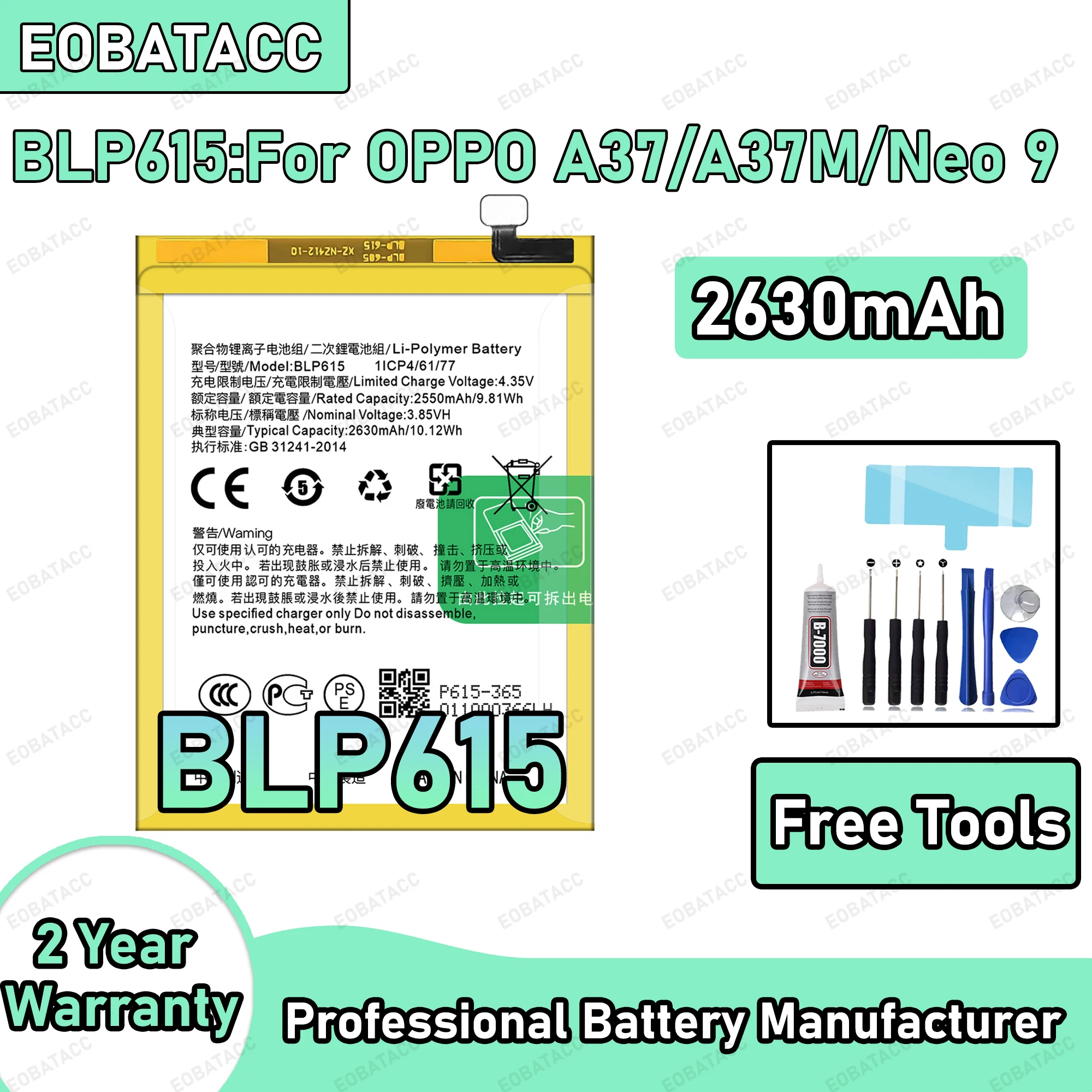 

2630mAh 100% New BLP615 Battery For OPPO A37/A37M Replacement Bateria+Free Tools