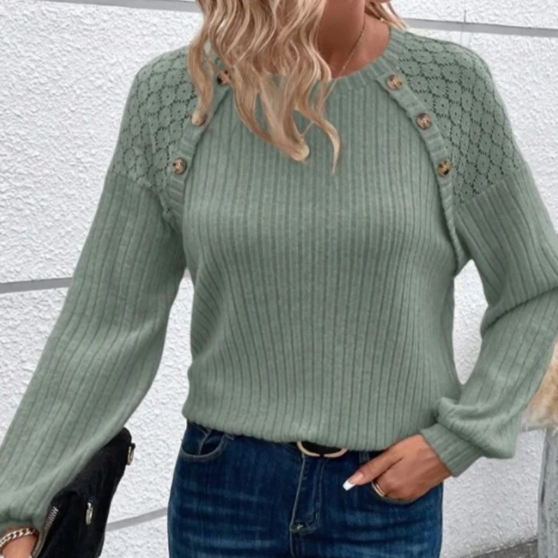 Womens Round Neck Sweater Hollow Splice Button Decor Long Sleeve Knit Top Loose Versatile For Daily Commute Wear