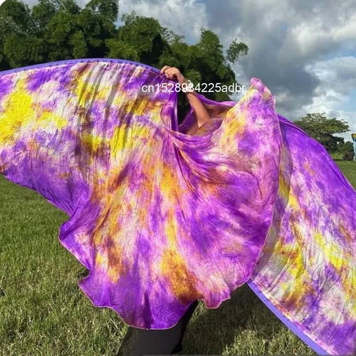 Imagen 1 del producto 1 unidad/1 par de velos de seda de danza Oriental de 100%, alas de Isis con palo, accesorios para actuación en escenario, tinte anudado, medio círculo, bandera semicircular