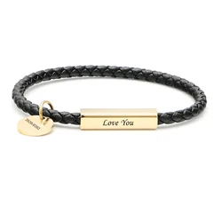 Customized Simple Name Magnetic Buckle Bangle For Couple Gift Hand-woven Double-circle Leather Rope Engraved Heart Bracelet
