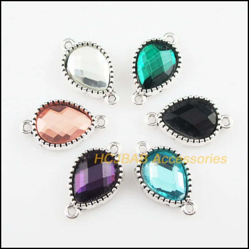 12Pcs Tibetan Silver Plated Color Crystal Mixed Teardrop Charms Connectors 13x23mm