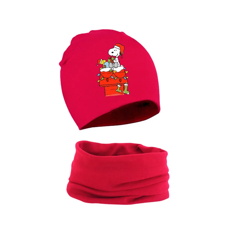 Snoopys cachecol de natal conjunto chapéu crianças 2 pçs anime vermelho malha boné cachecol dos desenhos animados inverno quente confortável algodão gorro chapéu presente