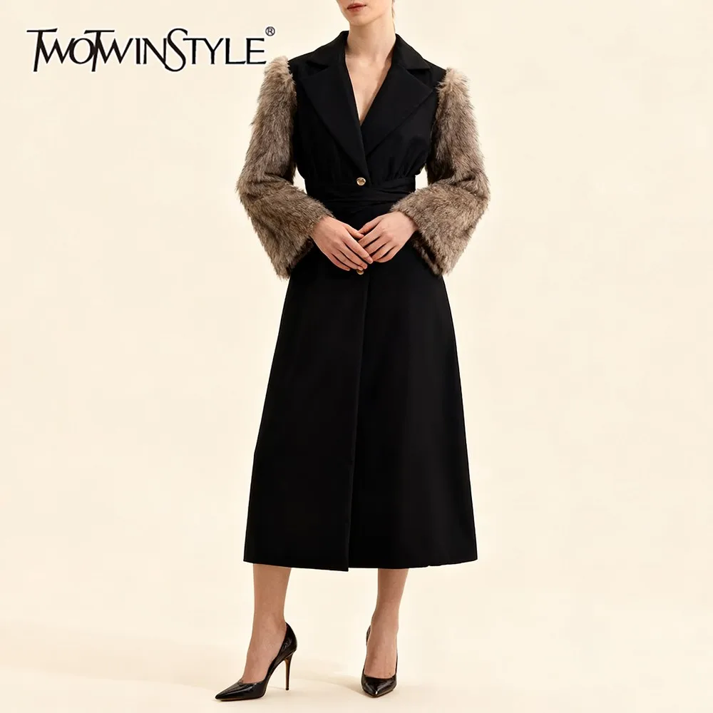 

TWOTWINSTYLE Colorblock Spliced Fur Jacket Female Lapel Long Sleeve Loose Streetwear Design Women's Jackets Autumn Fashion New