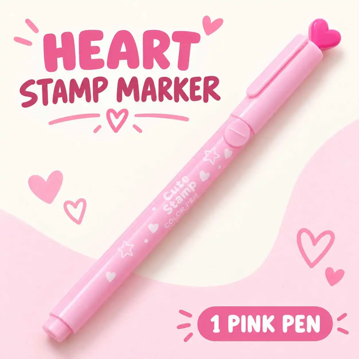 Pink Heart Stamp Marker Pen with Long Clip Cap Slim Round Barrel Journal Diary Decoration Single Piece