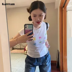 Karrram Japanese Kawaii T-shirt 00s Harajuku White Tee Shirt Fairycore Y2k Tops Cute Star Print Short Sleeve Tshirt E-girl 2000s