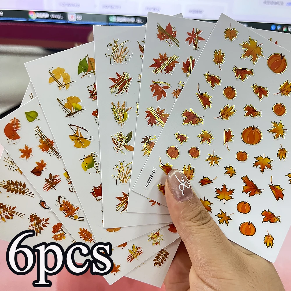 

6sheets 3D Maple Leaf Autumn Nail Stickers Set Self-Adhesive Fall Leaf Ginkgo Biloba Pumpkin Nail Art Decals Y2K Foils Stickers