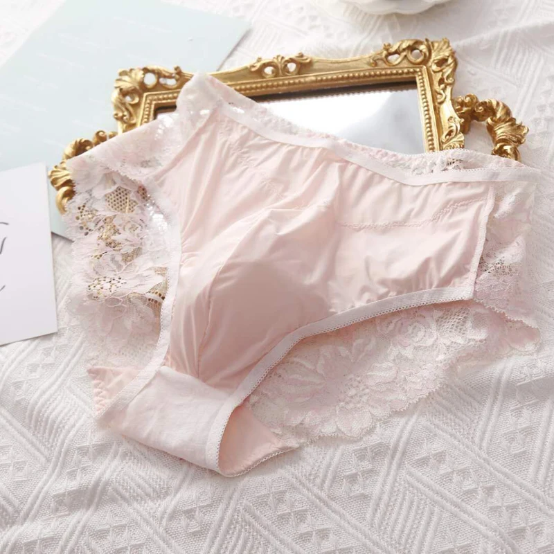 Men's Sexy Briefs Middle Waist Lace Bow See Through Underwear Pouch Panties Breathable Cross-dressing Sexy Lace Briefs