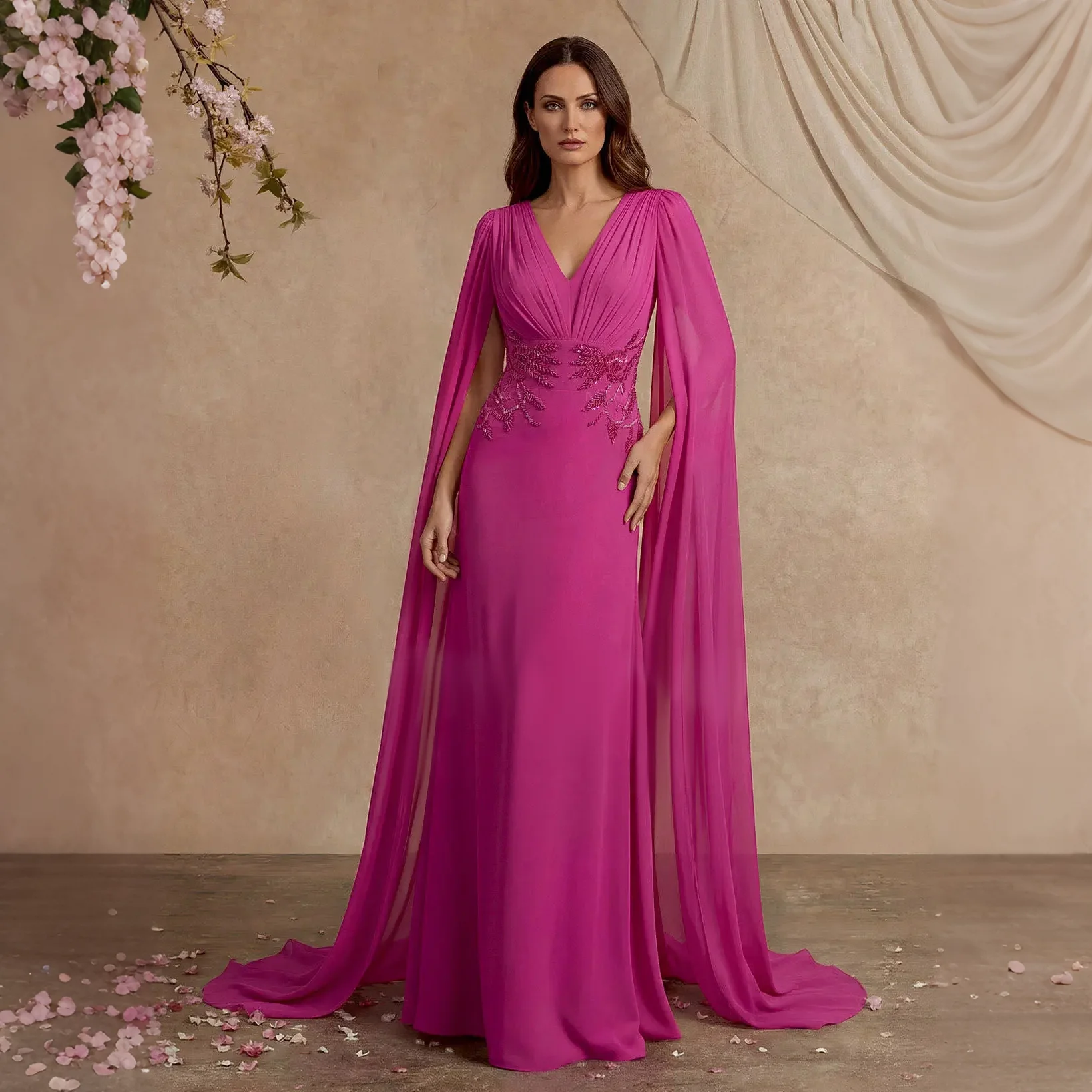 

Grace Women's Wedding Party Attire V-neck Cape sleeves Beading Applique Mermaid Long Mother of the Bride Dresses 2026 Customized