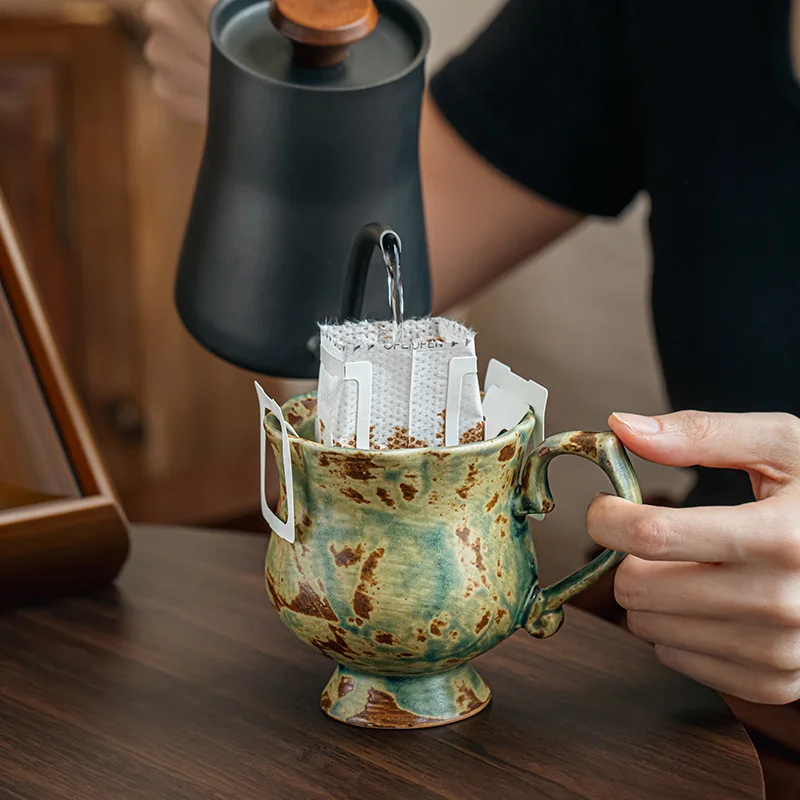 

Handmade Flower Mug Ceramic High Foot Cup Vintage Green Coffee Cup