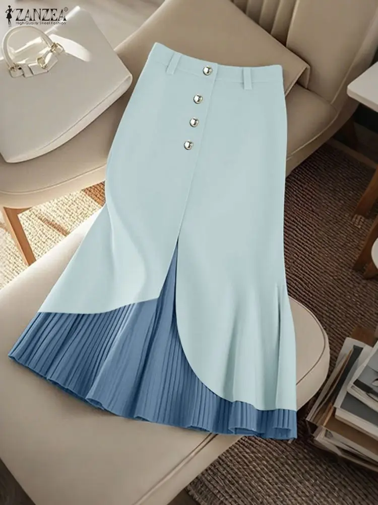 

ZANZEA 2022, элегантные женские офисные юбки с высокой талией, лоскутная вечерняя юбка-миди, элегантная юбка трапециевидной формы для работы Faldas Saia