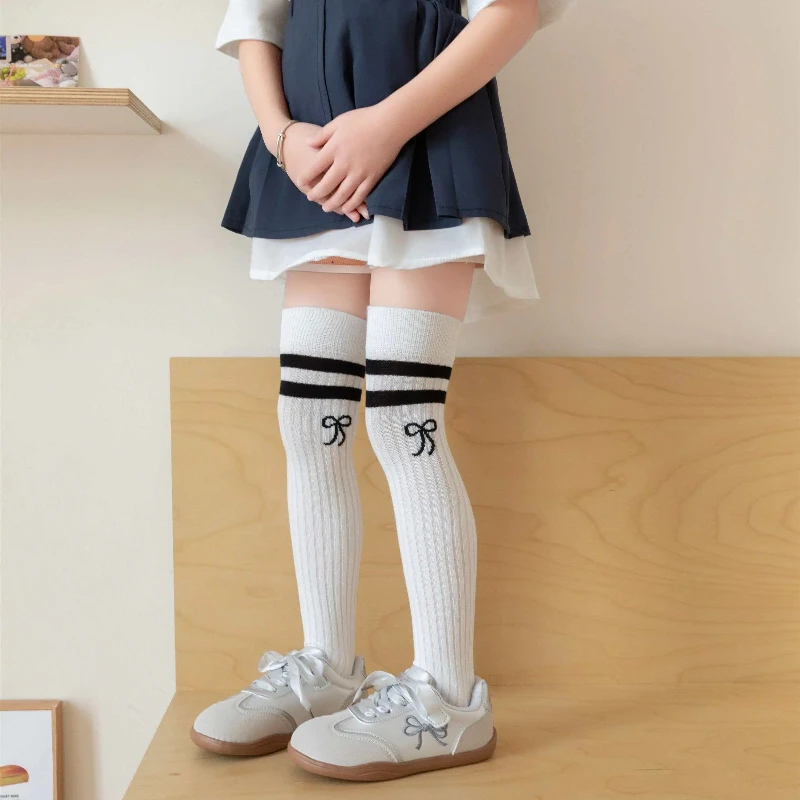 Sweet Girls Spring Summer Long Stockings Lovely Korean College Striped Bow Ornament Breathable Soft High Stretch Over Knee Socks