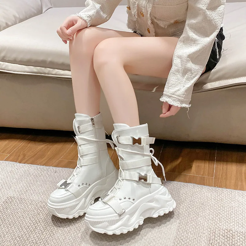 Trend Punk Wind Locomotive Boots Womens Winter New Niche Design Sense Thick Bottom Heightening Fashion Boots Medium Tube Boots - view 3