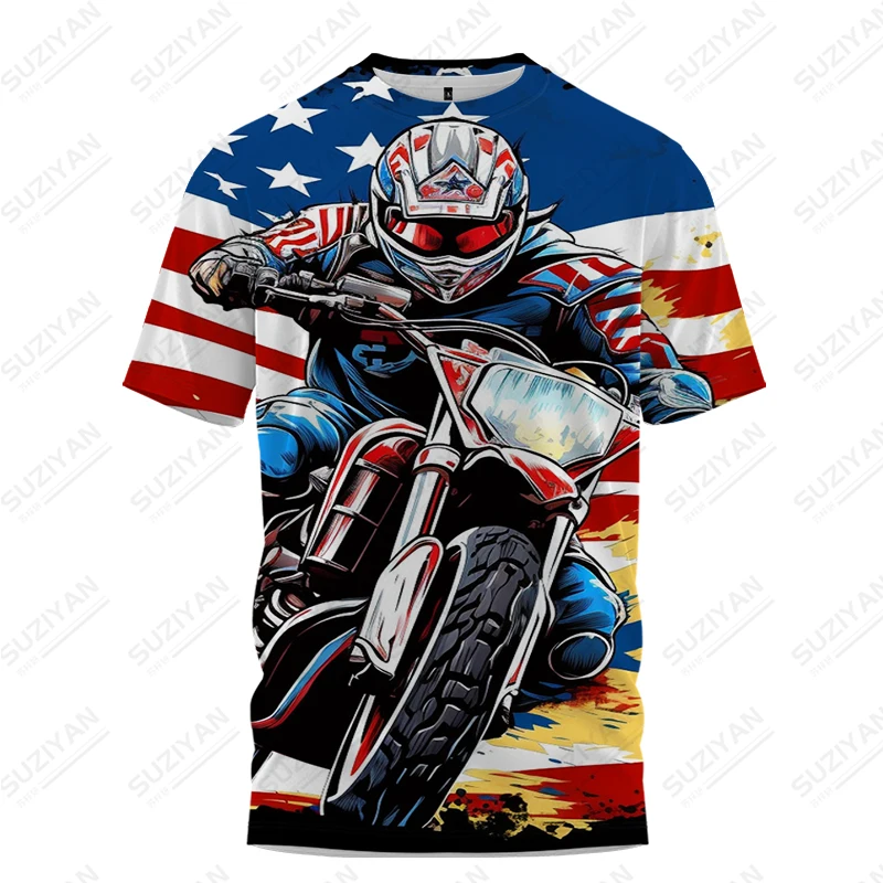 Men's Creative American Flag and Motorcycle Printing T -shirt Summer Fashion Street Popular T -shirts Short -sleeved T -shirts