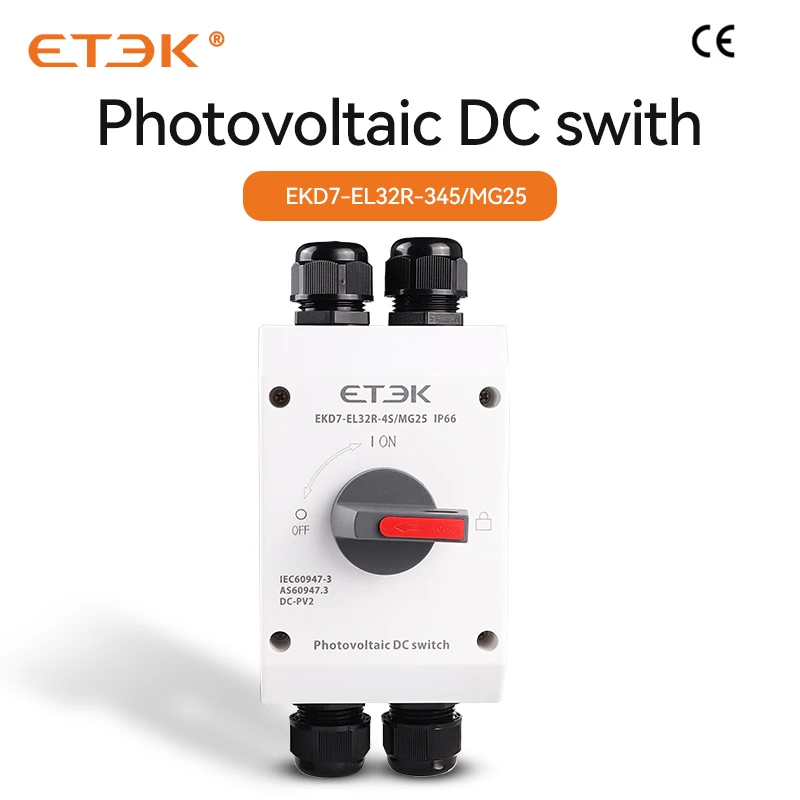 Photovoltaic Solar DC Isolation Switch Outdoor PV Solar Switch 4P 1000V 32A UKPM  Rotating Handle IP66 Waterproof EKD7